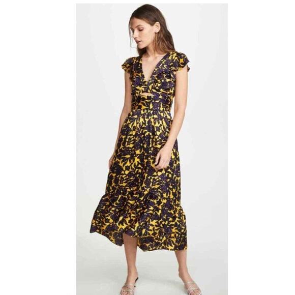 A.L.C Sz 2 Valencia Purple Yellow Floral Silk Cutout Ruffle Midi Dress - Picture 12 of 13